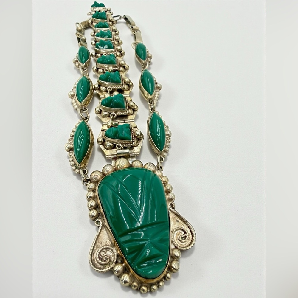 Vintage Mexico Sterling Green Onyx Aztec Mask Necklace Bracelet Set 17” & 7” - Picture 13 of 17